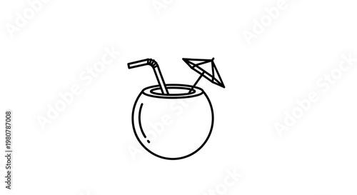 Coconut with straw and umbrella.