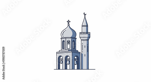 A line drawing depicts a building with a domed roof and a minaret