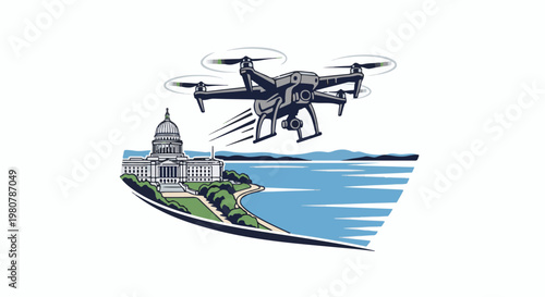 A drone flies over a government building by a large body of water