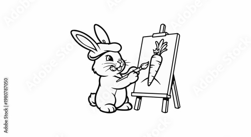 A cute rabbit in a beret paints a carrot on an easel with a paintbrush