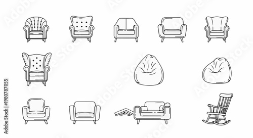 A collection of assorted chairs and beanbags, drawn in a simple line art style