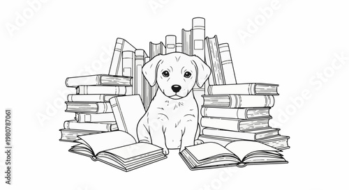 A cute puppy sits amidst a large collection of books, some open
