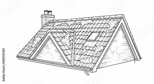 A hand-drawn architectural illustration of a tiled roof with a chimney and skylight