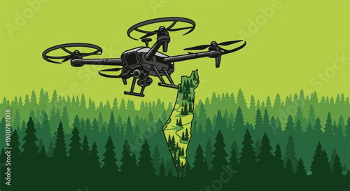 A drone hovers over a map shaped like a country, filled with trees