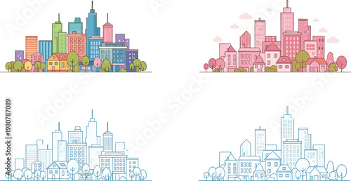 Colorful and outline cityscape illustration collection featuring modern skyscrapers residential buildings urban architecture creative vector artwork design for planning projects