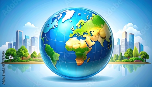 A stylized illustration features a vibrant globe against a backdrop of a city skyline, trees, and bright blue sky