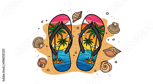 Colorful flip flops with palm trees.