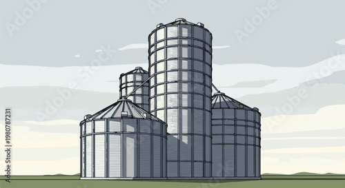 A cluster of tall, metal silos stands against a hazy, muted sky