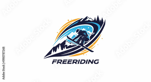 A dynamic illustration of a skier mid-air with mountainous backdrop and text