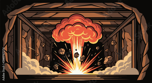 A fiery explosion erupts in a rocky tunnel, sending debris flying