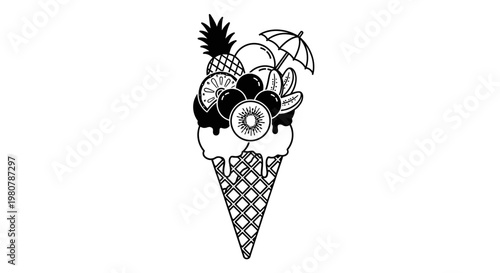Colorful ice cream cone with fruits.