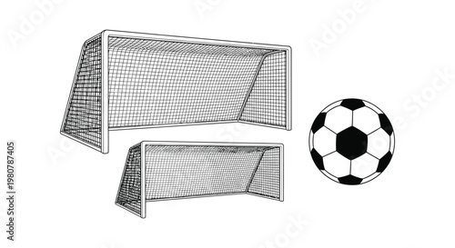 Black and white vector illustration showing two soccer goals and a classic round soccer ball