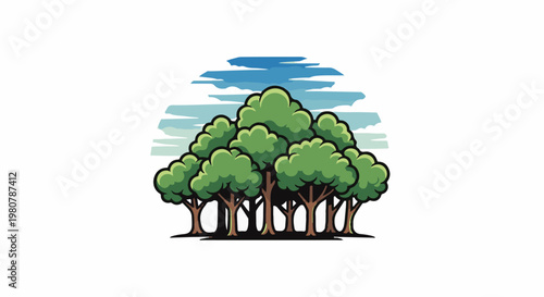 A dense cluster of deciduous trees under a stylized cloudy sky