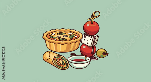 A colorful cartoon illustration of assorted savory snacks on a light green background