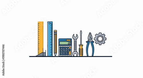 A collection of engineering and construction tools neatly arranged for a project