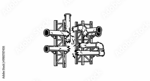 A damaged industrial pipeline system with multiple broken pipes and connections