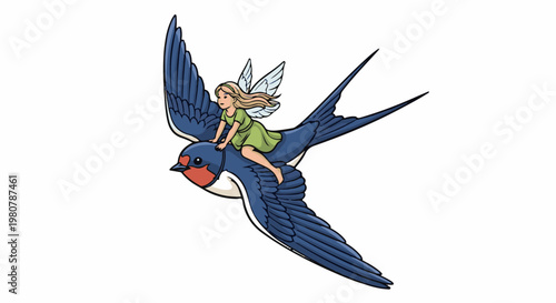 A fairy rides a swallow in flight against a white background