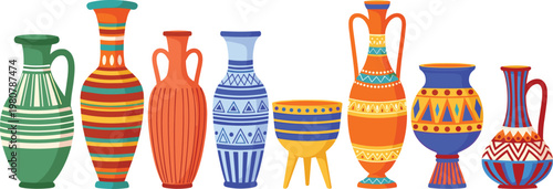 Flat vector illustration of a collection of ancient ceramic Greek pottery vases and jugs with traditional ethnic patterns isolated on a white background