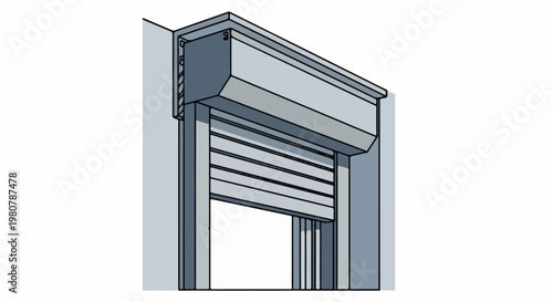 A gray metal rolling door is partially open against a light blue wall
