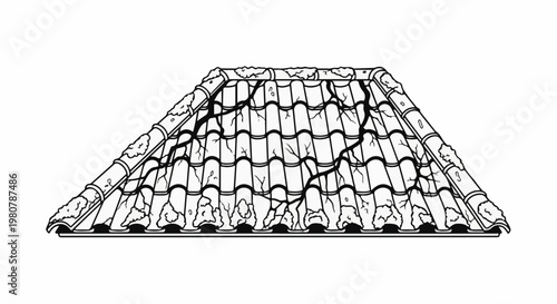 A damaged tiled roof with cracks and moss
