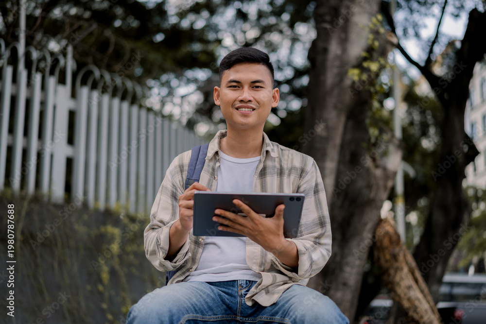 Fototapeta premium Handsome asian man student or office worker holding tablet while sitting on concrete chair with urban city on the background. Working or Study, Modern Tech, Chilling Outdoors. Remote work.