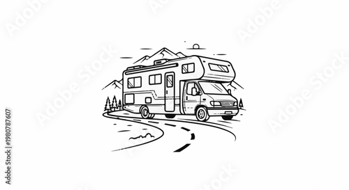 A line drawing depicts a recreational vehicle driving on a winding road past mountains and trees
