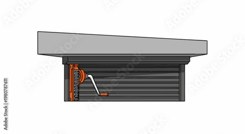 A gray overhang above a dark gray roller shutter with an orange crank mechanism
