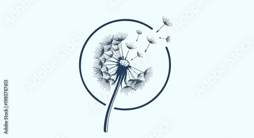 A dark blue dandelion seed head dispersing its seeds within a circular frame