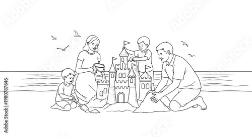 Family Building Sand Castle Together.