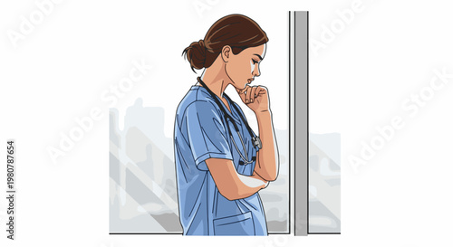 A female healthcare professional in blue scrubs contemplates, hand on chin