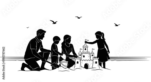 Family Building Sand Castle Together.