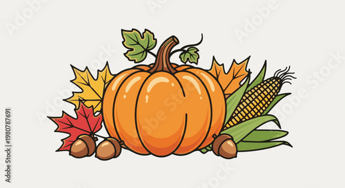 A festive autumn harvest arrangement featuring a pumpkin, corn, leaves, and acorns