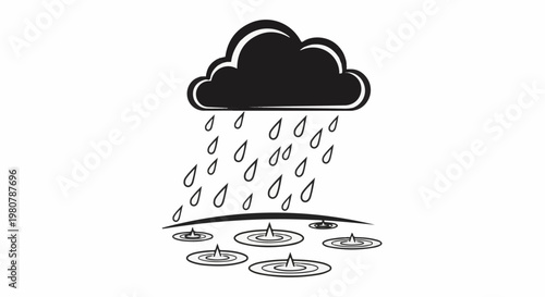 A dark cloud rains water droplets onto ripples in puddles below