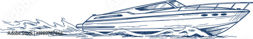Hand drawn engraved sketch of a modern luxury speed boat powerboat yacht cruising on ocean water waves isolated on white background vector illustration