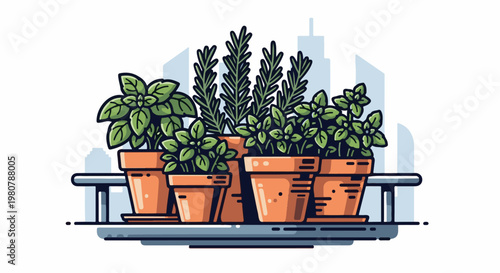 A collection of potted herbs and plants on a balcony with city skyline