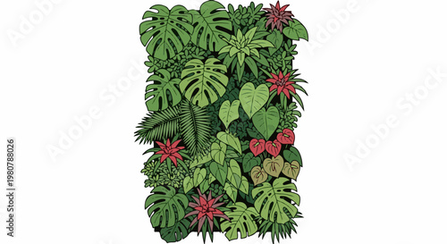 A dense vertical arrangement of diverse lush green foliage with vibrant red flowers