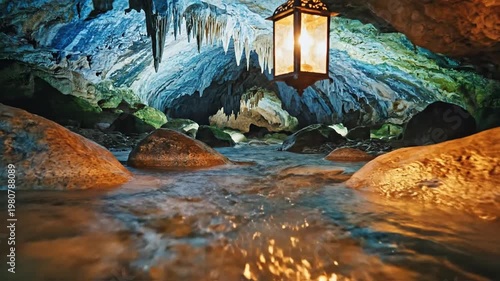 Warm light from suspended lantern illuminates a flowing stream within a beautiful cave, highlighting formations
