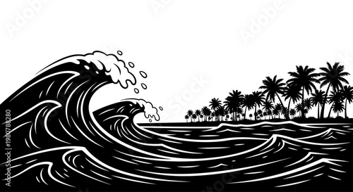 Large Ocean Wave Crashing Shore.