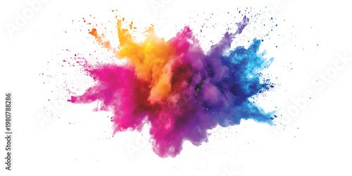 A vibrant explosion of colorful powder particles captured against a solid white studio background