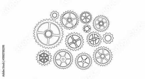 A collection of various sized gears drawn in outline style on a white background