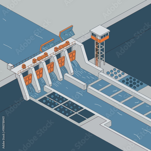 Hydroelectric Dam with Control Tower.