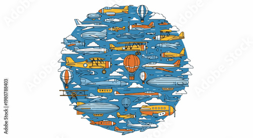 A collection of vintage and modern aircraft and hot air balloons floating