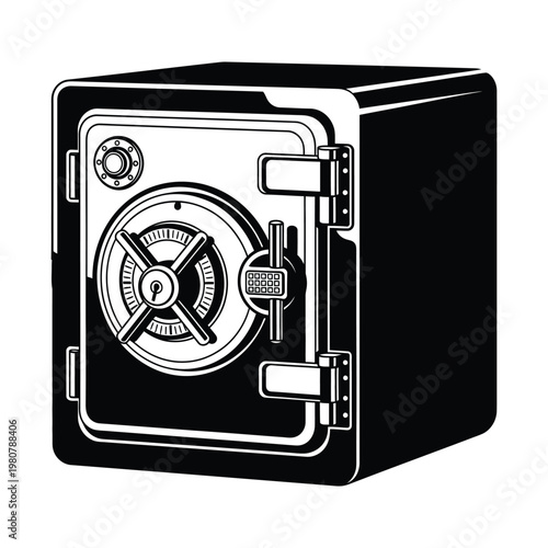 Heavy metal bank safe with combination lock for financial security and wealth protection, black and white vector illustration