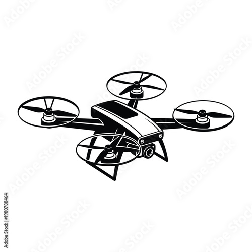 Quadcopter drone with camera black and white vector illustration