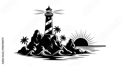 Lighthouse on rocky island shore.