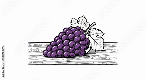 A cluster of purple grapes rests on a wooden surface