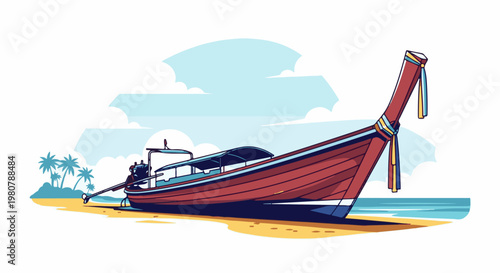 A colorful longtail boat rests on a sandy beach with palm trees in the background