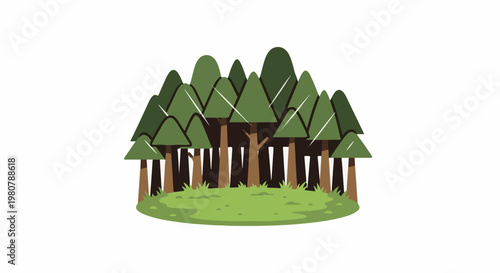 A cluster of stylized green trees with brown trunks stands on grassy ground