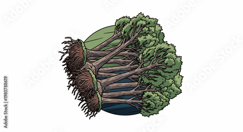 A cluster of stylized trees with exposed roots lie on their sides