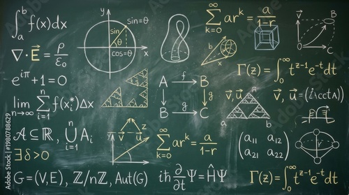 Mathematical equations and geometric shapes illustrated on a chalkboard, featuring calculus, algebra, and geometry symbols in white and yellow chalk